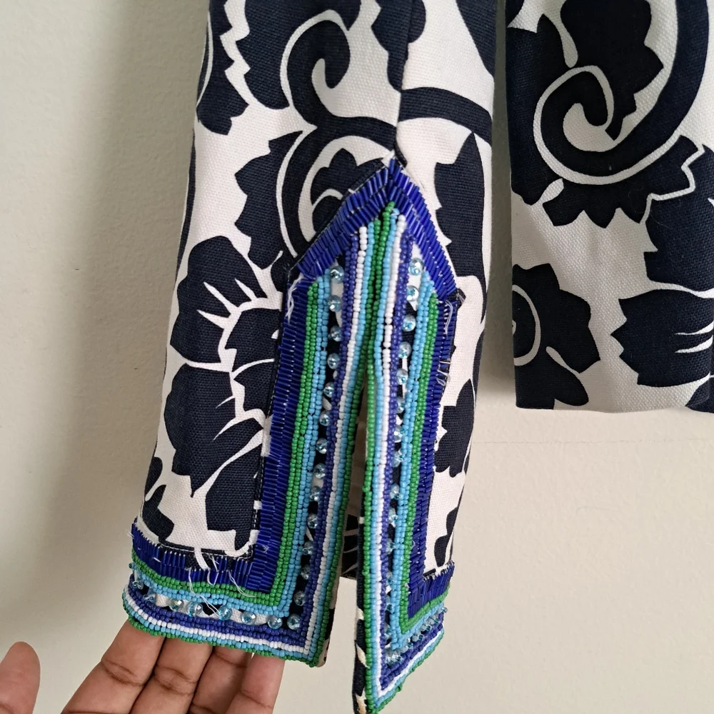 Tory‎ Burch Beaded Collar Floral Print Jacket Navy White Blue Green Women Size 6